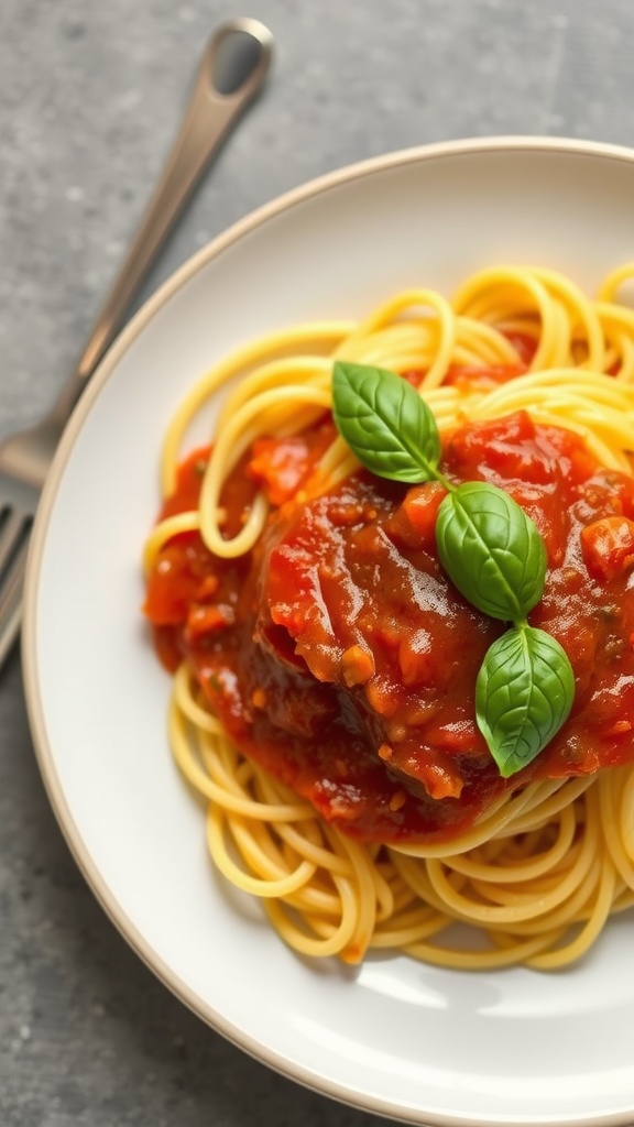 A bowl of spaghetti squash topped with marinara sauce and fresh basil.