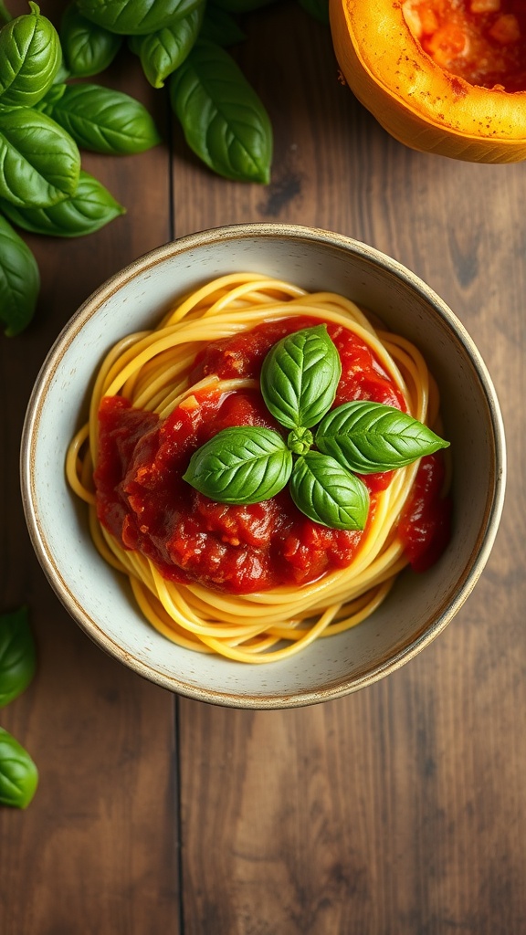 A bowl of spaghetti squash topped with marinara sauce and fresh basil leaves.