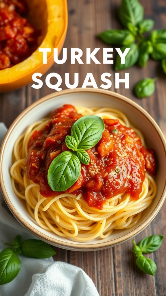 A bowl of spaghetti squash topped with turkey marinara sauce and fresh basil