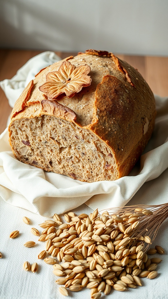 Homemade spelt bread with grains beside it