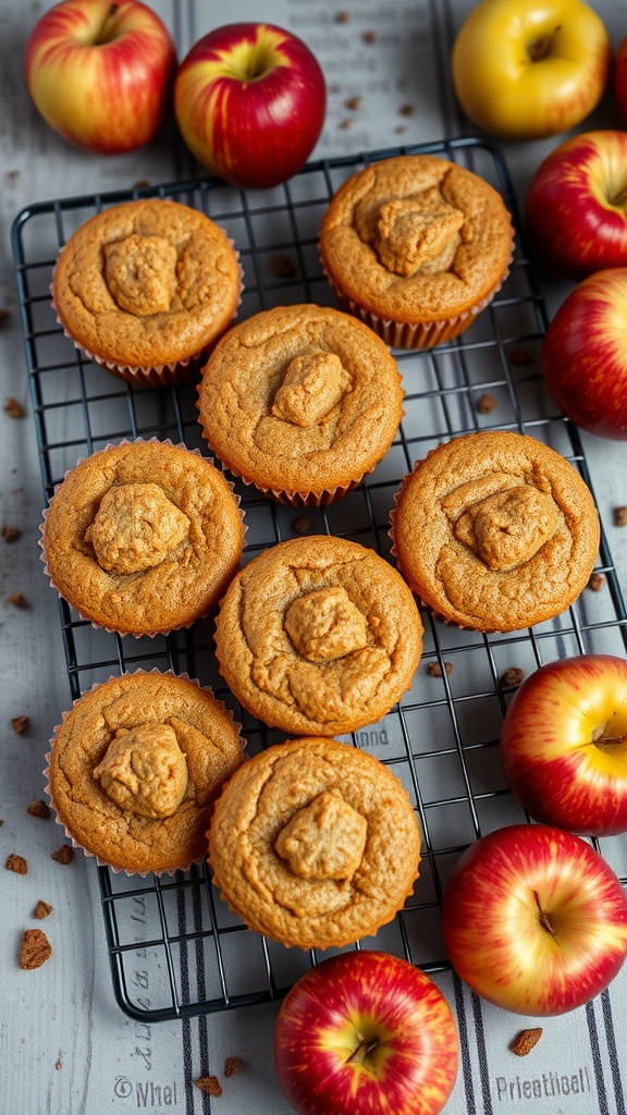 Freshly baked spiced apple muffins on a cooling rack with apples around