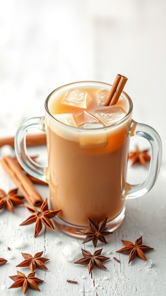 A glass of spiced chai iced tea garnished with cinnamon sticks and star anise.