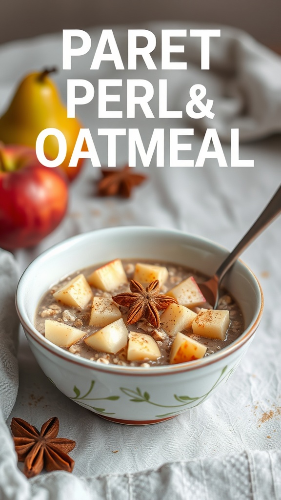 A bowl of spiced pear oatmeal garnished with diced pears and star anise.