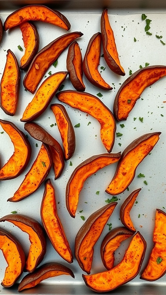 Spiced sweet potato wedges on a baking sheet.