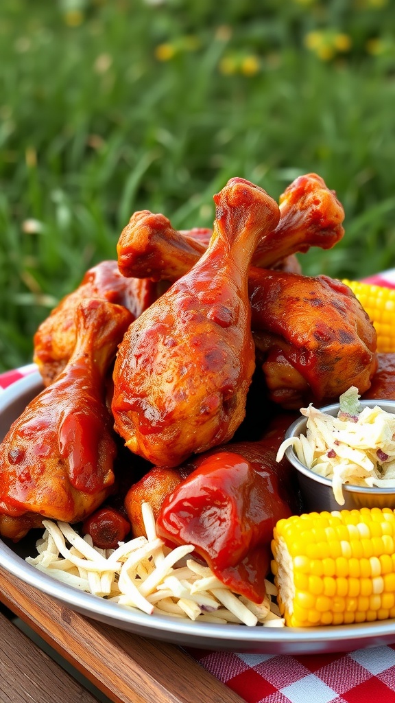 A plate of spicy BBQ chicken drumsticks served with coleslaw and corn.