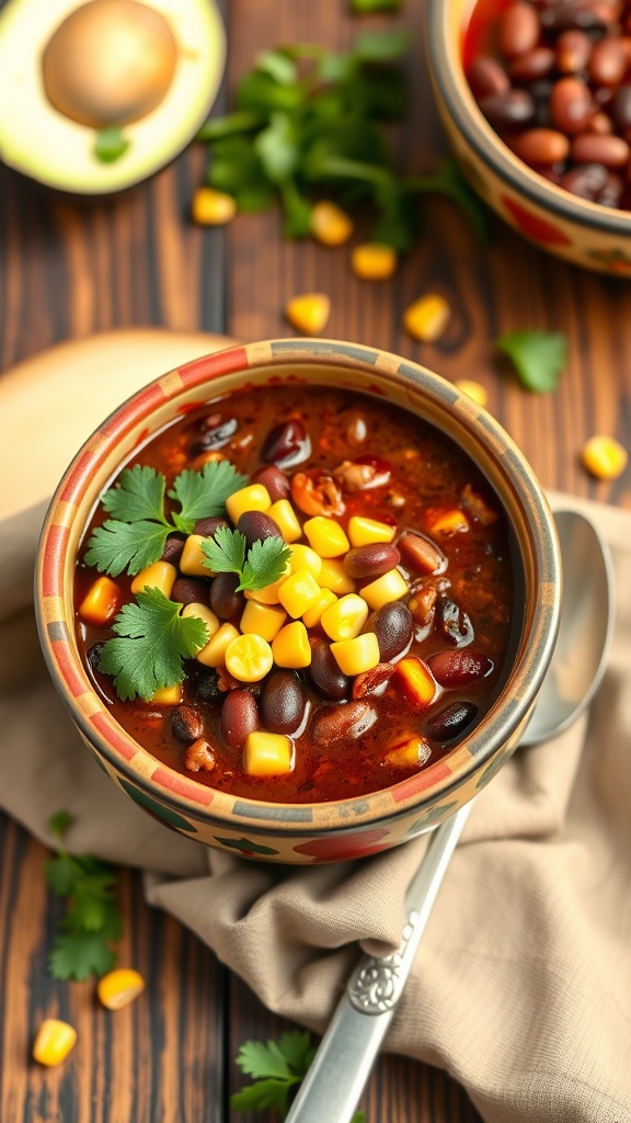 A cozy bowl of Spicy Black Bean Chili topped with corn and cilantro on a wooden table.