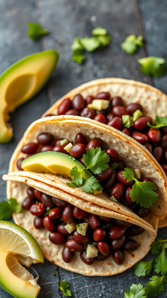Spicy black bean tacos with avocado and cilantro, served with lime wedges.