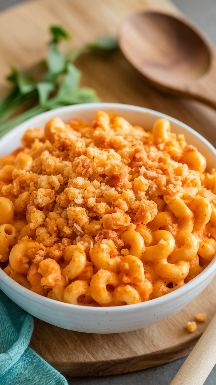 Bowl of spicy buffalo chicken mac and cheese topped with breadcrumbs