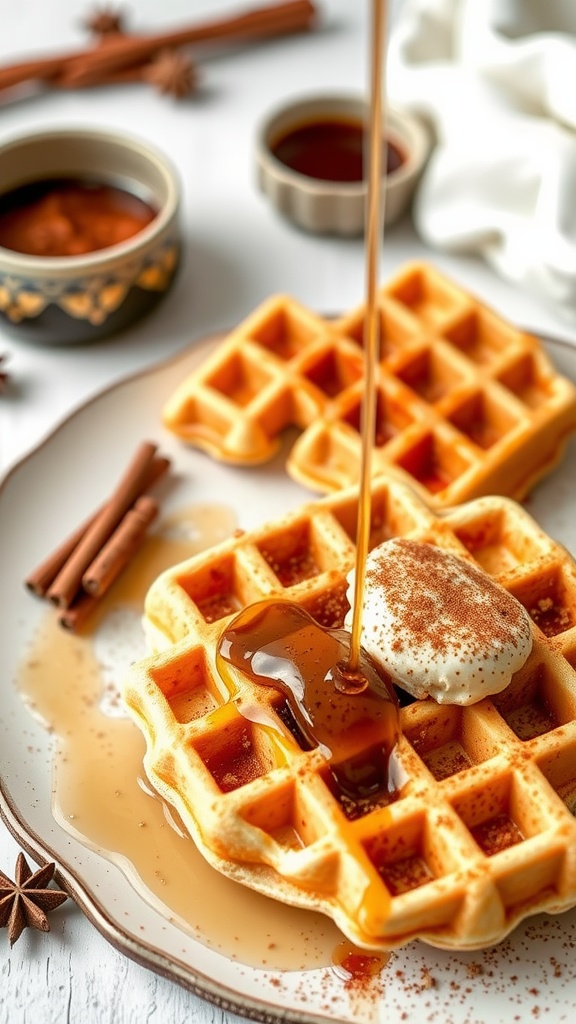 Delicious Spicy Chai Waffles with syrup and spices