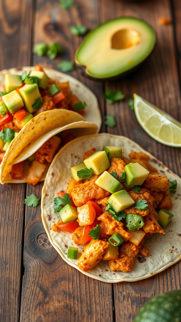Spicy Chicken Tacos with Avocado Salsa on wooden surface