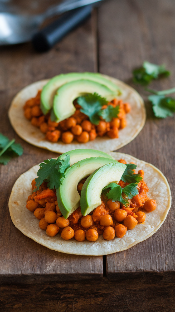 Two spicy chickpea and sweet potato tacos topped with avocado and cilantro