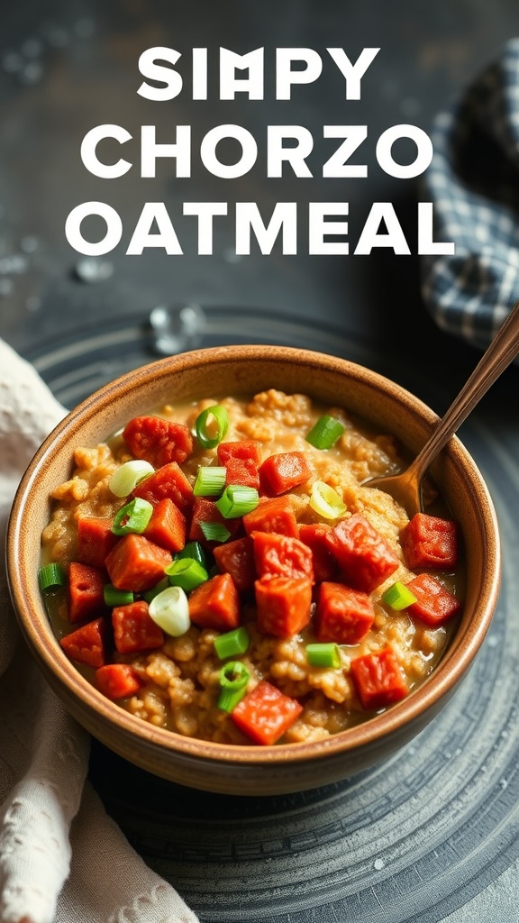 A bowl of spicy chorizo oatmeal topped with diced tomatoes and green onions.