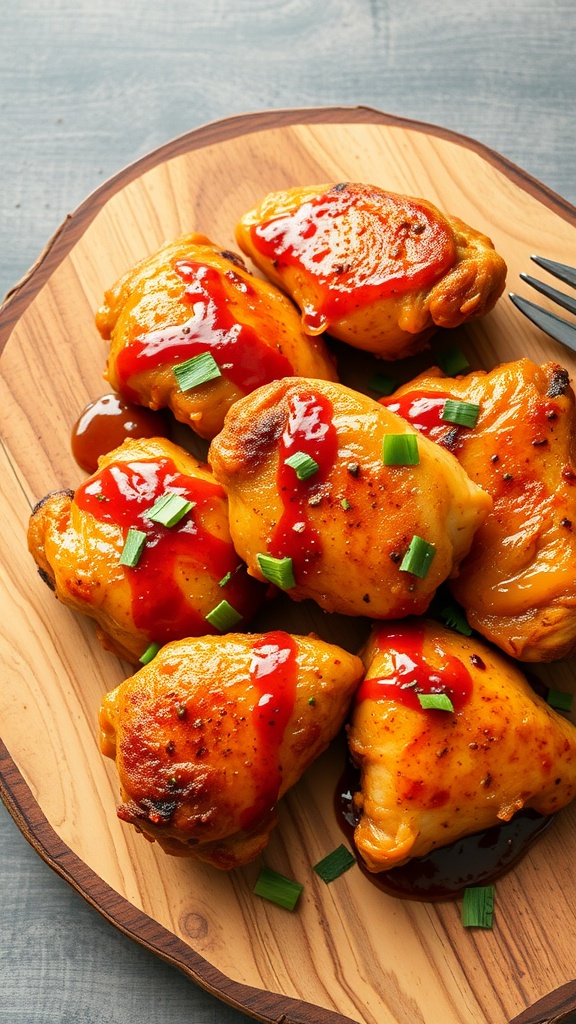 Delicious Spicy Honey Garlic Chicken Thighs served on a wooden plate