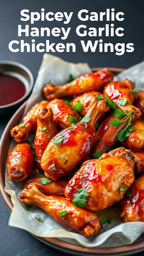 A platter of spicy honey garlic chicken wings garnished with cilantro.