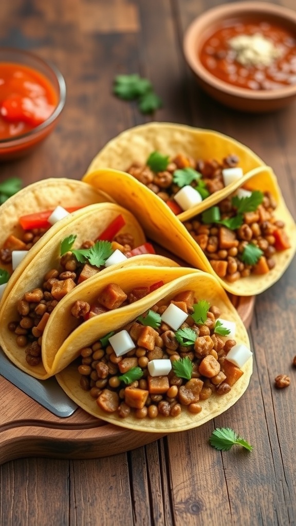 Spicy lentil tacos with fresh toppings