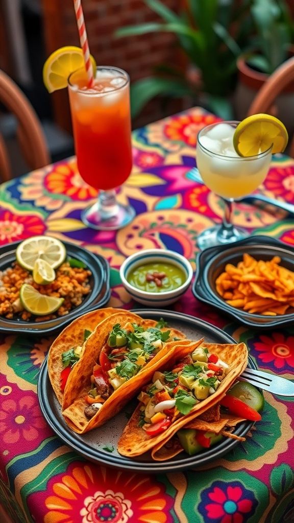 A vibrant table set for a spicy Mexican dinner with colorful tacos and refreshing drinks.