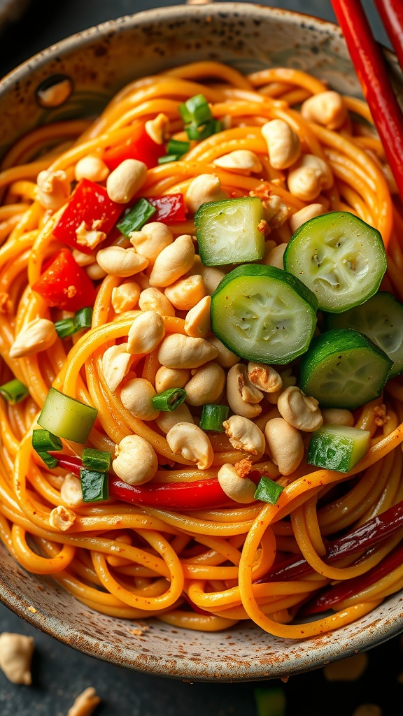 A vibrant bowl of spicy peanut noodles topped with fresh vegetables and peanuts.
