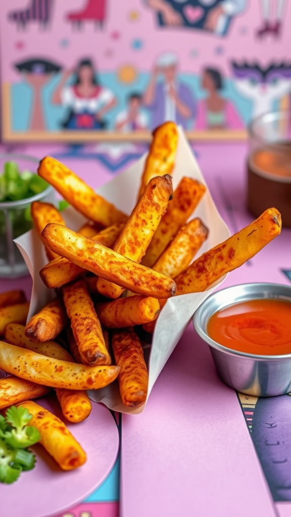 A serving of crispy spicy potato wedges in a paper cone with dipping sauce