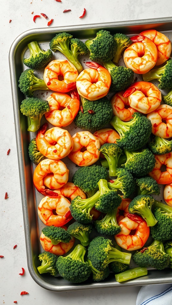 A colorful dish of spicy shrimp and broccoli on a baking sheet.