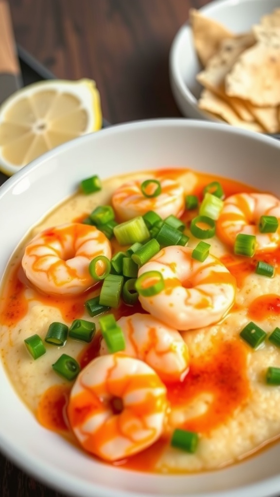 A bowl of creamy grits topped with spicy shrimp and green onions.