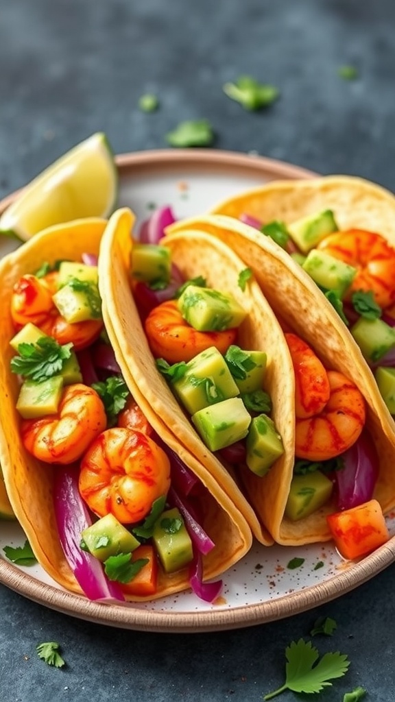 Three spicy shrimp tacos filled with avocado salsa, served on a plate with lime wedges.