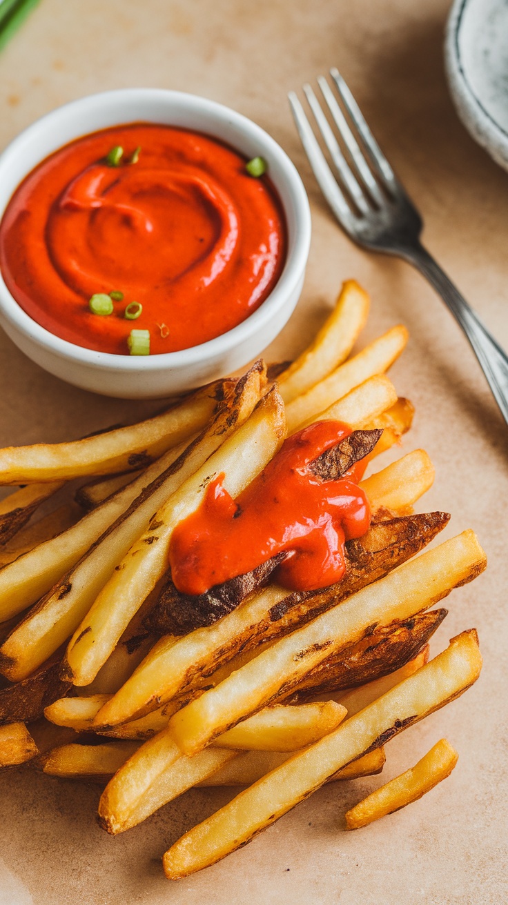 A bowl of spicy Sriracha aioli sauce next to crispy fries.