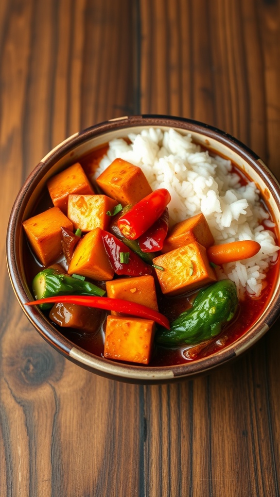 A bowl of spicy Szechuan tofu served over rice with colorful peppers.