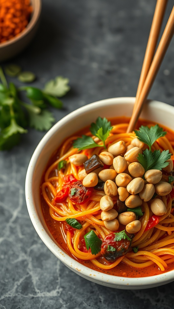 A bowl of spicy Thai noodles topped with peanuts and cilantro.