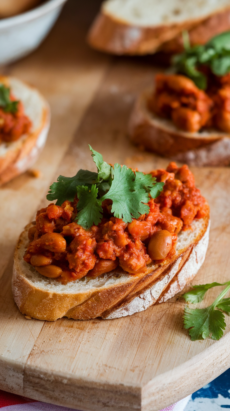 Spicy Tomato and Bean Breakfast Toast with cilantro on top.