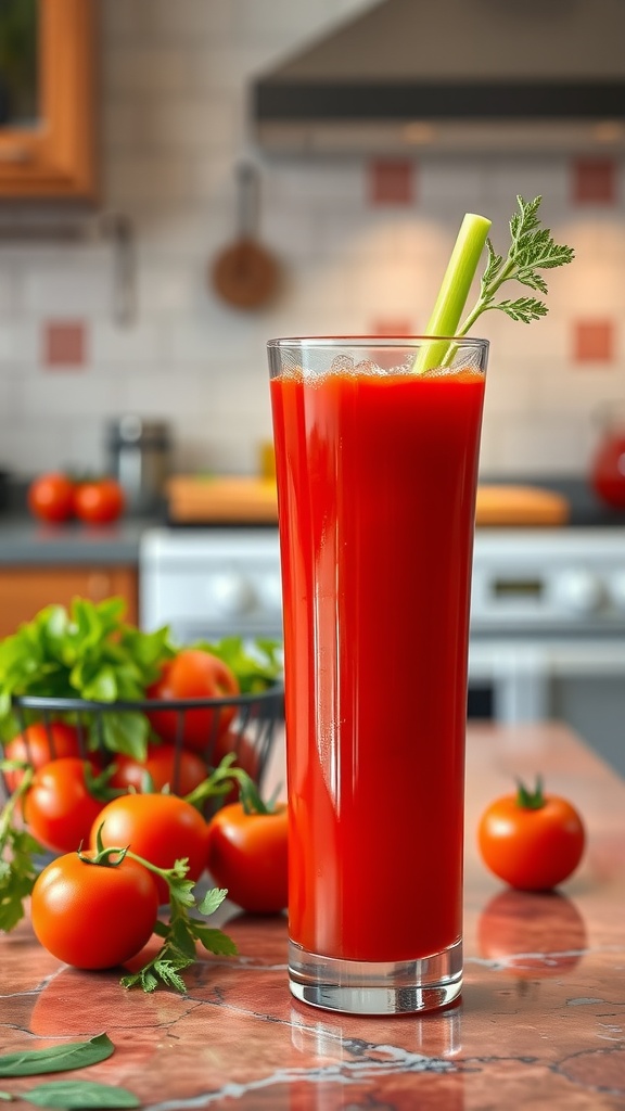 A glass of spicy tomato and celery juice garnished with a celery stick and parsley.