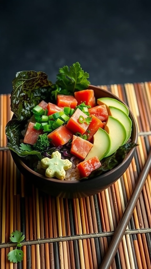 A colorful and vibrant Spicy Tuna Poke Bowl with fresh ingredients.