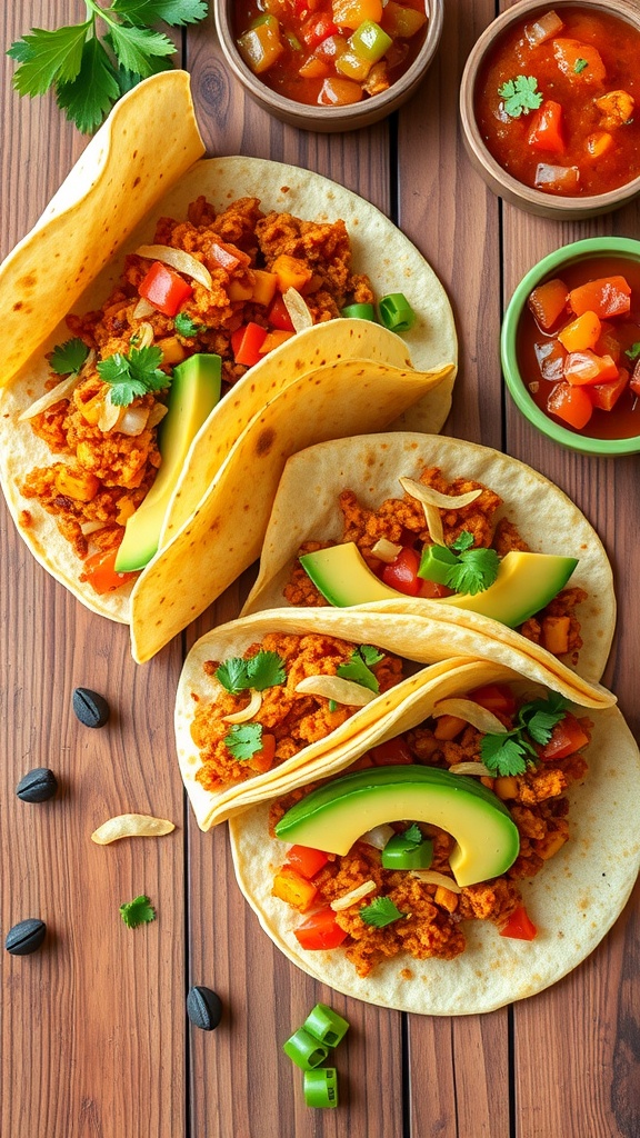 Spicy vegan tacos with avocado and fresh vegetables