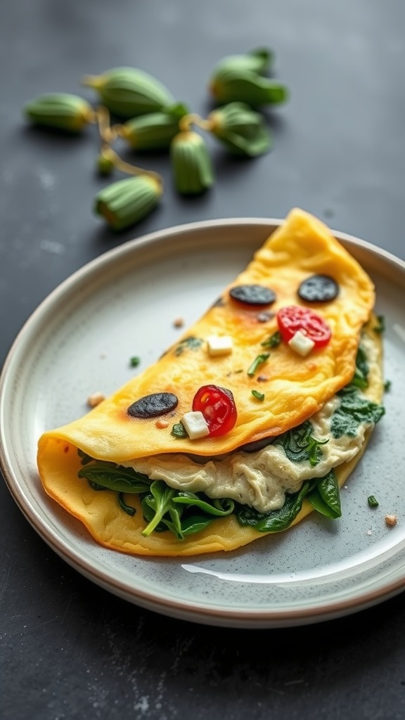 A delicious spinach and feta omelette served on a plate.