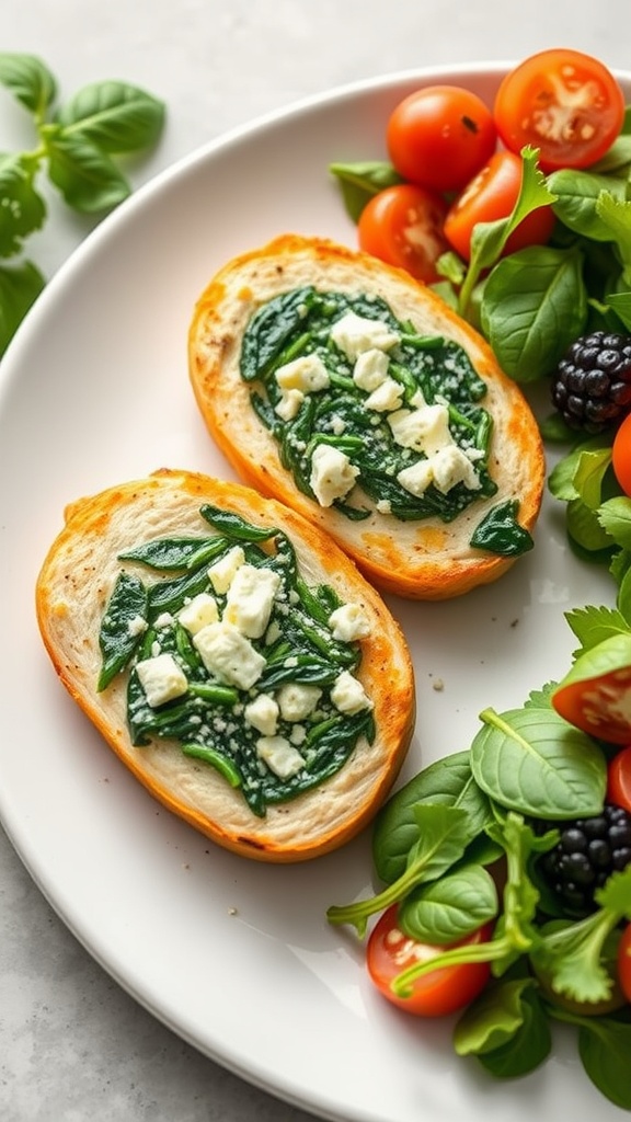 Plate of spinach and feta stuffed chicken with a side salad.