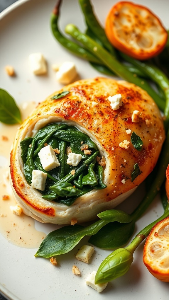 A plate with Spinach and Feta Stuffed Chicken served with green beans and roasted tomatoes