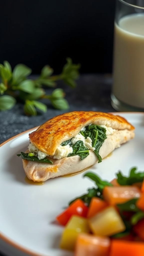 A plate of spinach and feta stuffed chicken served with a colorful vegetable salad.