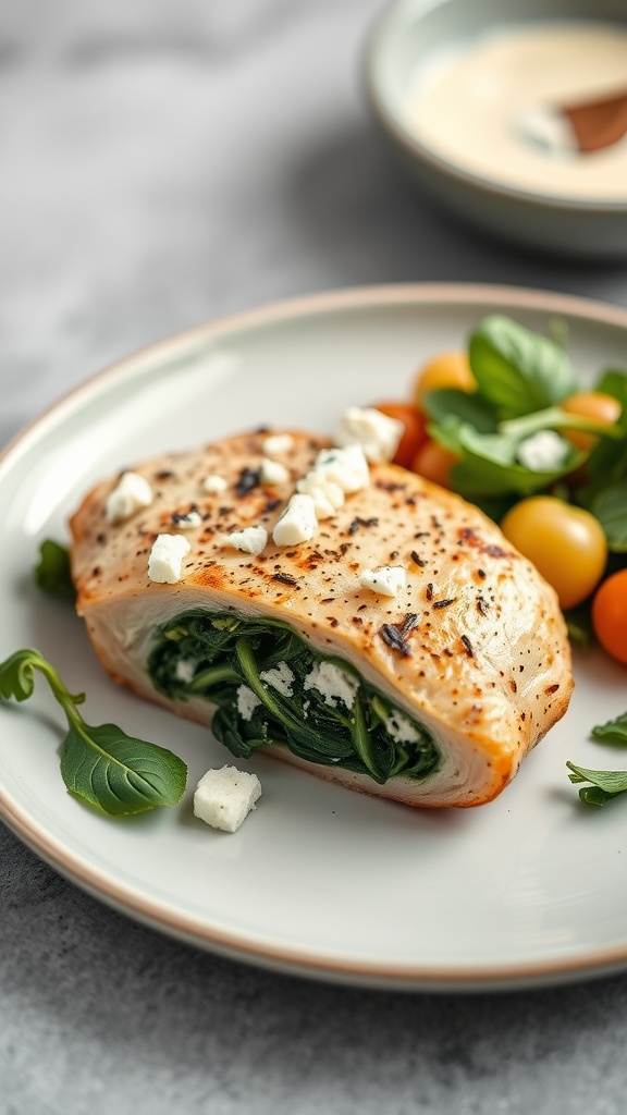 Delicious spinach and feta stuffed chicken breast served with tomatoes and greens.