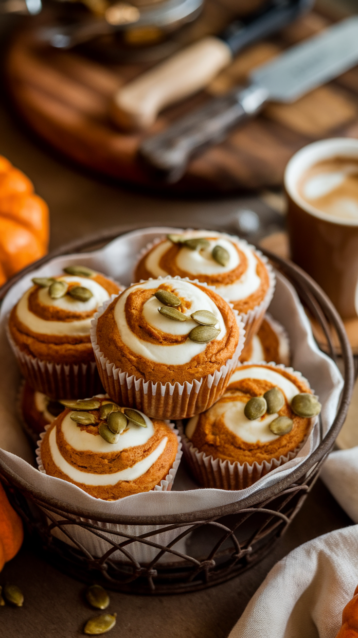 A basket of pumpkin cream cheese muffins topped with pumpkin seeds