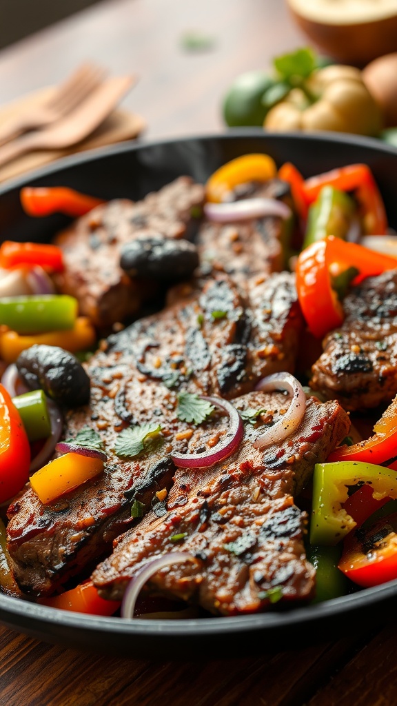 A delicious plate of steak fajitas with colorful peppers and onions, garnished with cilantro.