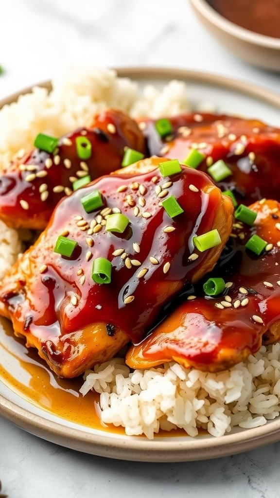 A delicious plate of sticky honey soy chicken served over rice, garnished with sesame seeds and green onions.