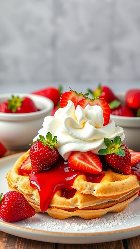 A plate of Strawberry Shortcake Waffles topped with strawberries and whipped cream.