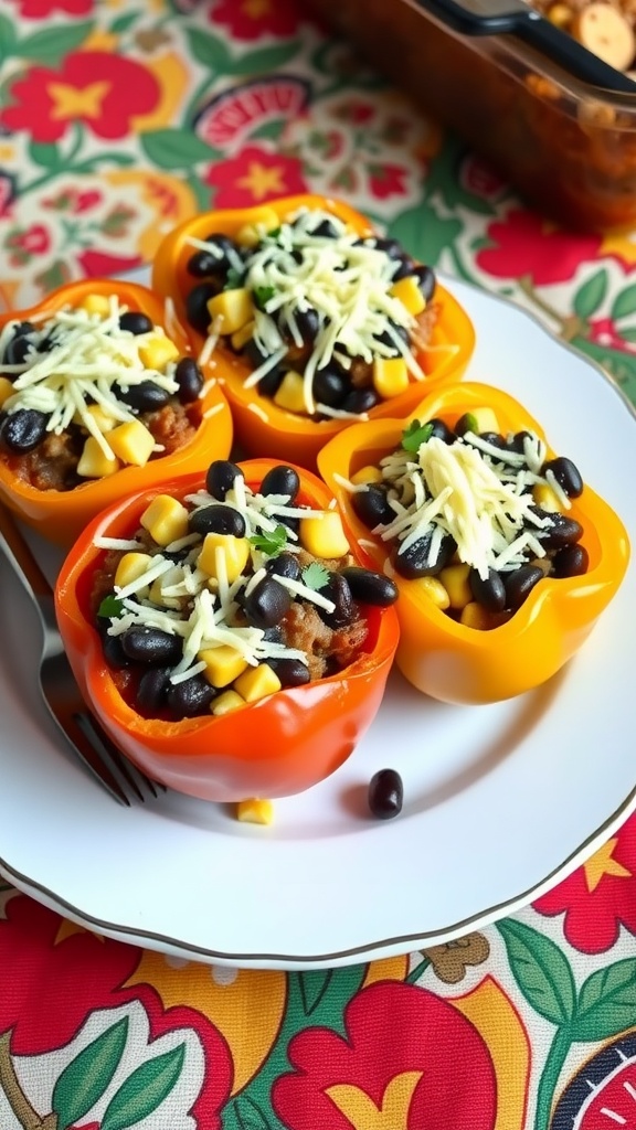 Stuffed bell peppers filled with black beans, corn, and melted cheese