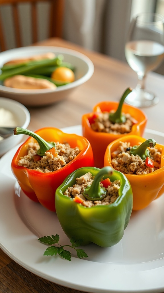 Delicious stuffed bell peppers filled with ground turkey and topped with cheese.