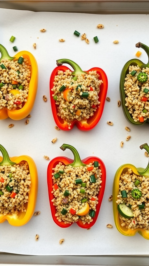Colorful stuffed bell peppers filled with quinoa and vegetables ready for baking.