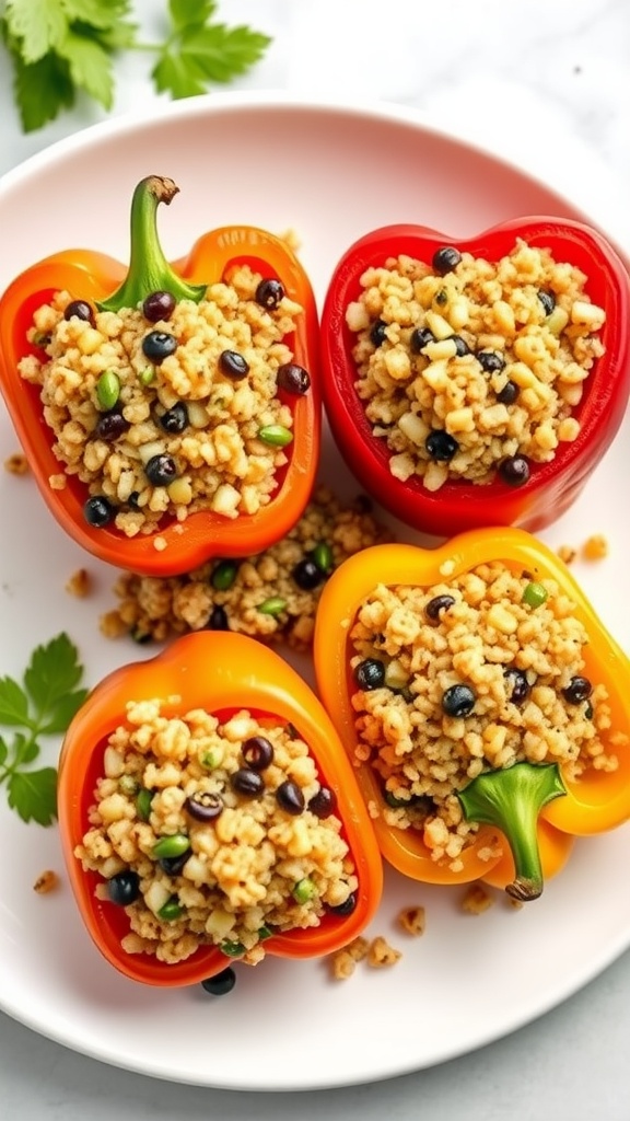 Stuffed bell peppers filled with quinoa, black beans, and corn arranged on a plate, garnished with cilantro.