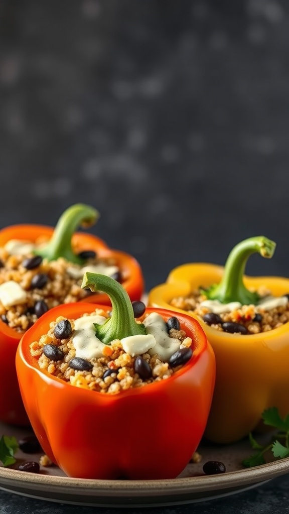Stuffed bell peppers filled with quinoa and black beans, topped with cheese and cilantro.