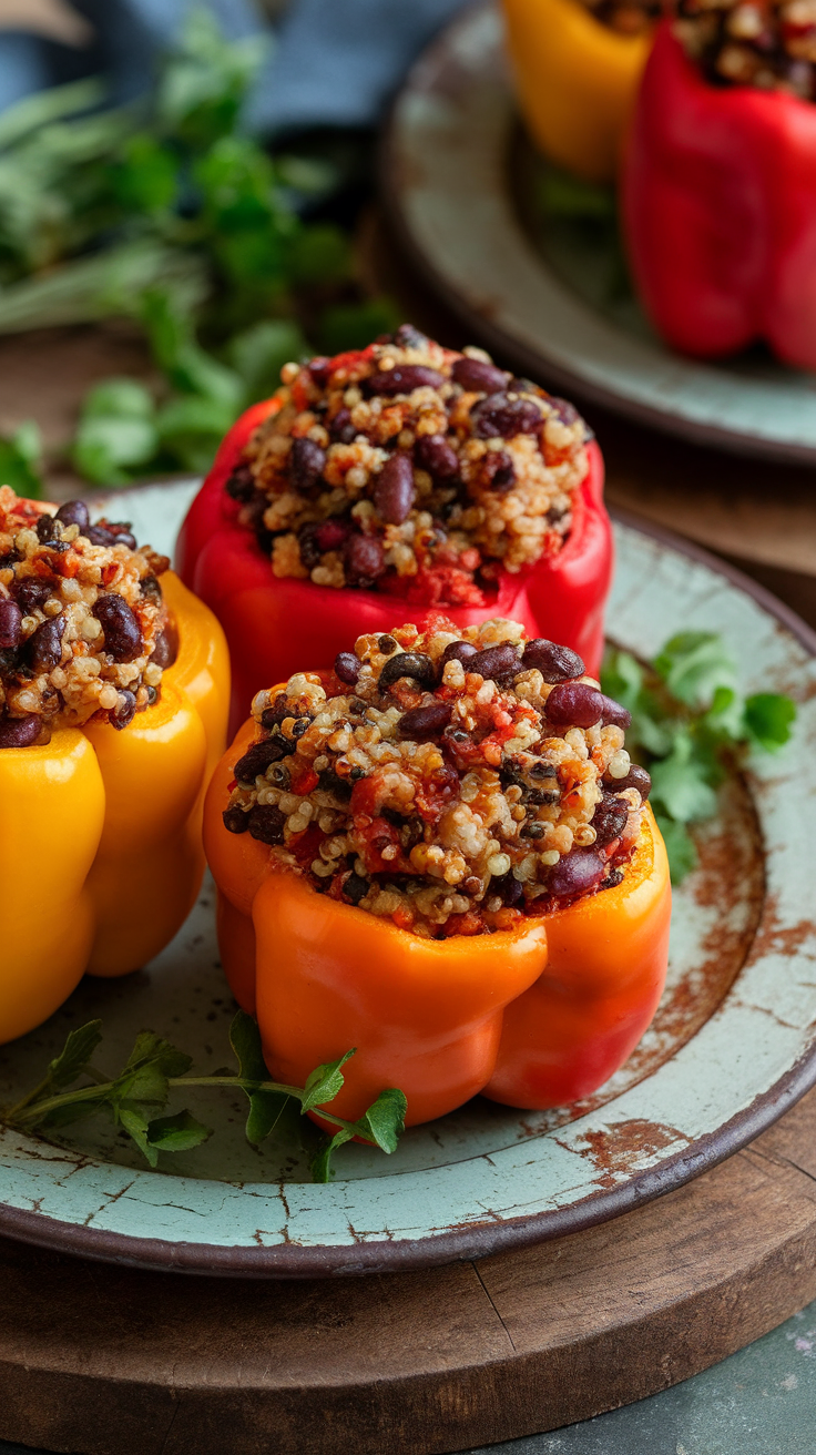 Three stuffed bell peppers filled with quinoa and black beans on a rustic plate.