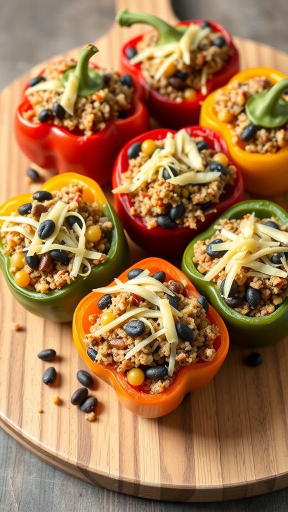 Colorful stuffed bell peppers filled with quinoa, black beans, and cheese.