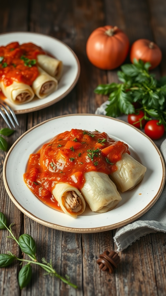 Stuffed cabbage rolls topped with tomato sauce on a plate