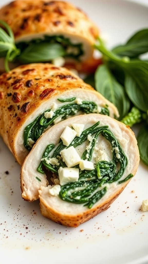 Stuffed chicken breast with spinach and feta on a plate